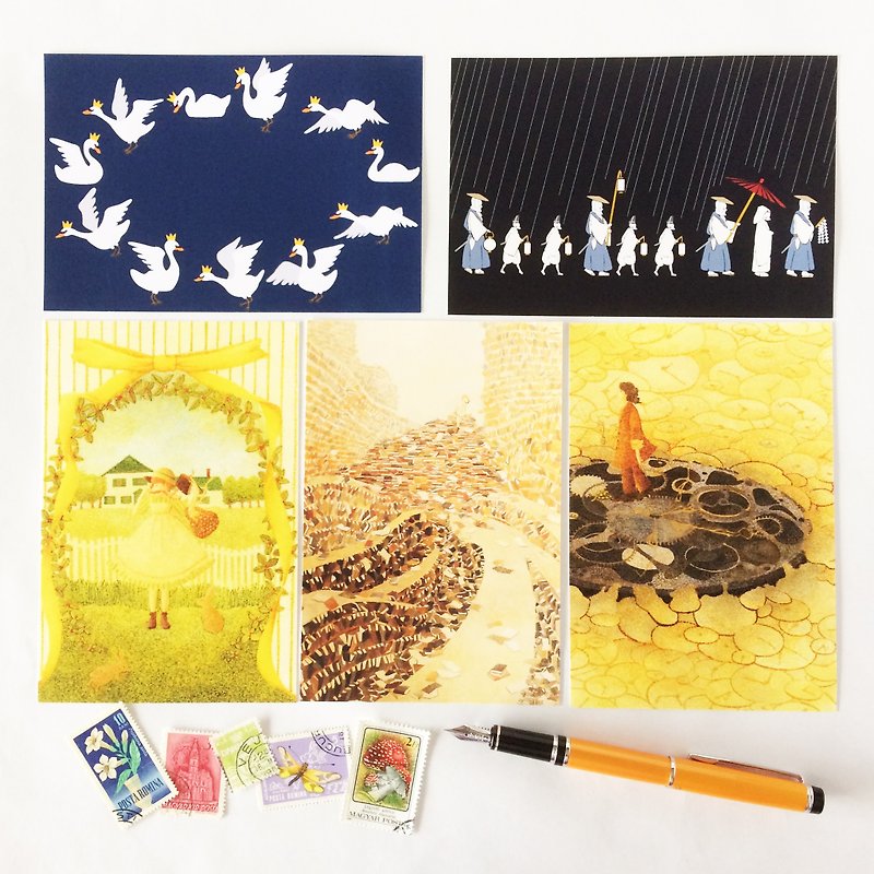 Fairy Tale Postcard Set of 5 Swan Prince Kitsune no yome Redhead Amomo Book Children's Literature Bird Fox Girl Book Umbrella Marriage - การ์ด/โปสการ์ด - กระดาษ ขาว