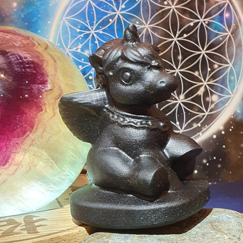 黑曜石夢幻獨角獸 天然黑曜原礦雕件 Obsidian 避邪 - 擺飾/家飾品 - 水晶 黑色