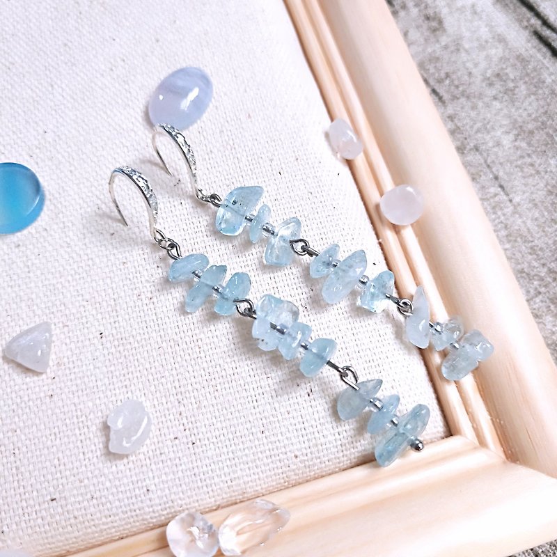 J016-Natural stone bead string earrings aquamarine full - Earrings & Clip-ons - Semi-Precious Stones Blue