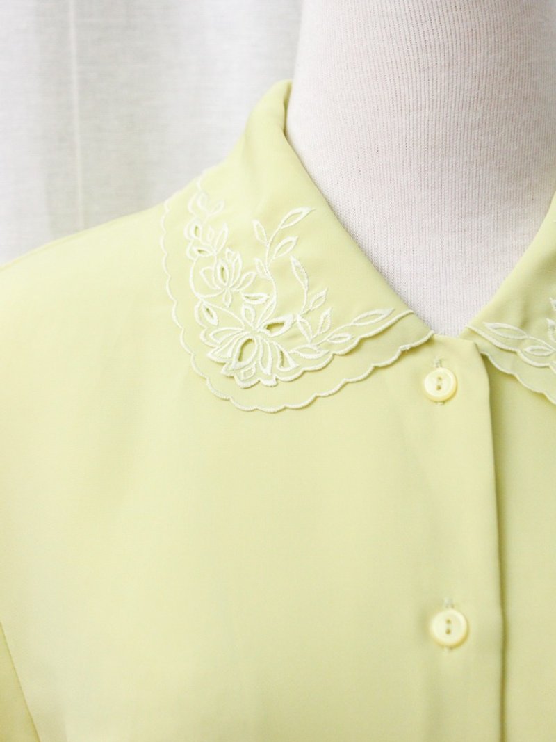 【RE0720T119】日本製清新森林系刺繡翻領黃綠色古著襯衫 - 恤衫 - 聚酯纖維 黃色