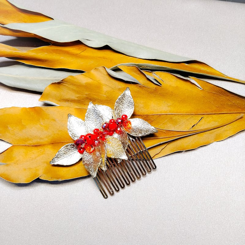 Wear a happy decoration of the gold series - the bride's hair comb. French comb. Wedding buffet - light - เครื่องประดับผม - วัสดุอื่นๆ สีแดง