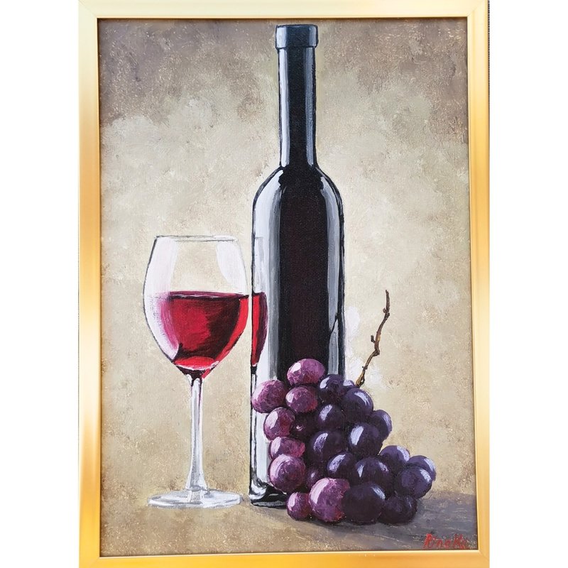 Bottle Of Red Wine Still Life Original Framed Art Kitchen Painting By RinaArtSK - Wall Décor - Other Materials Multicolor