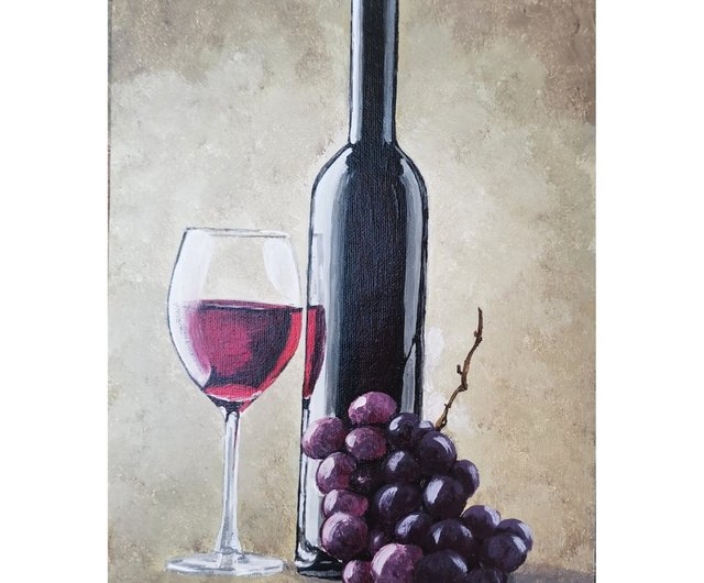 赤ワインのボトルの静物画 オリジナル額入りアート キッチン絵画