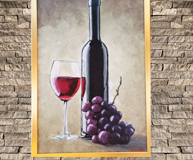 赤ワインのボトルの静物画 オリジナル額入りアート キッチン絵画