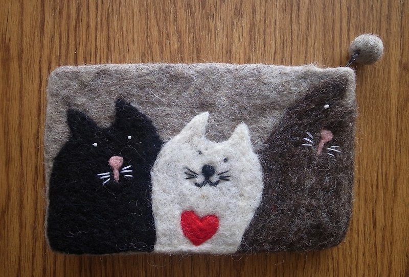 Zippered coin purse pouch purse gray grey wool fabric with cats - กระเป๋าใส่เหรียญ - ขนแกะ สีเทา