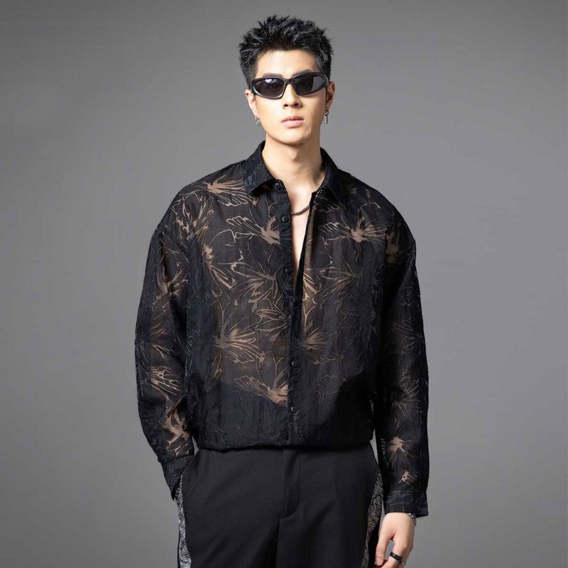 夏季男士植物燒花薄款長袖襯衫 透明上衣 - 男襯衫/休閒襯衫 - 其他材質 黑色