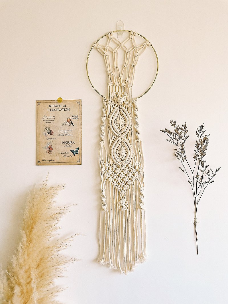 macrame full moon-metal loop cotton rope woven wall hanging. Wall decoration. Gift - ตกแต่งผนัง - ผ้าฝ้าย/ผ้าลินิน สีกากี