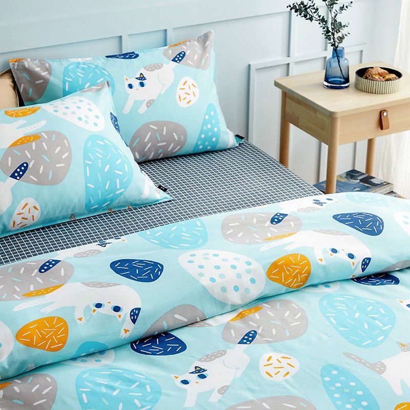 Tuan Tuan Miao single double bed single/bed package hand-painted cat 40 cotton bedding pillowcase quilt cover sold separately - Bedding - Cotton & Hemp Blue