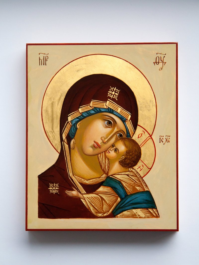 hand painted orthodox christian Virgin Mary icon, miniature religious painting - Other - Wood Red