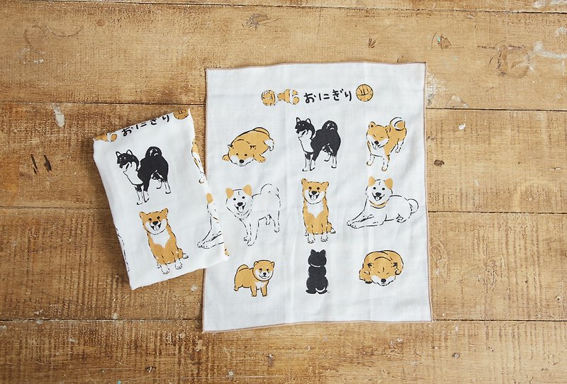 Screen Printed Shiba Inu Handkerchief - ผ้ากันเปื้อน - ผ้าฝ้าย/ผ้าลินิน สีนำ้ตาล