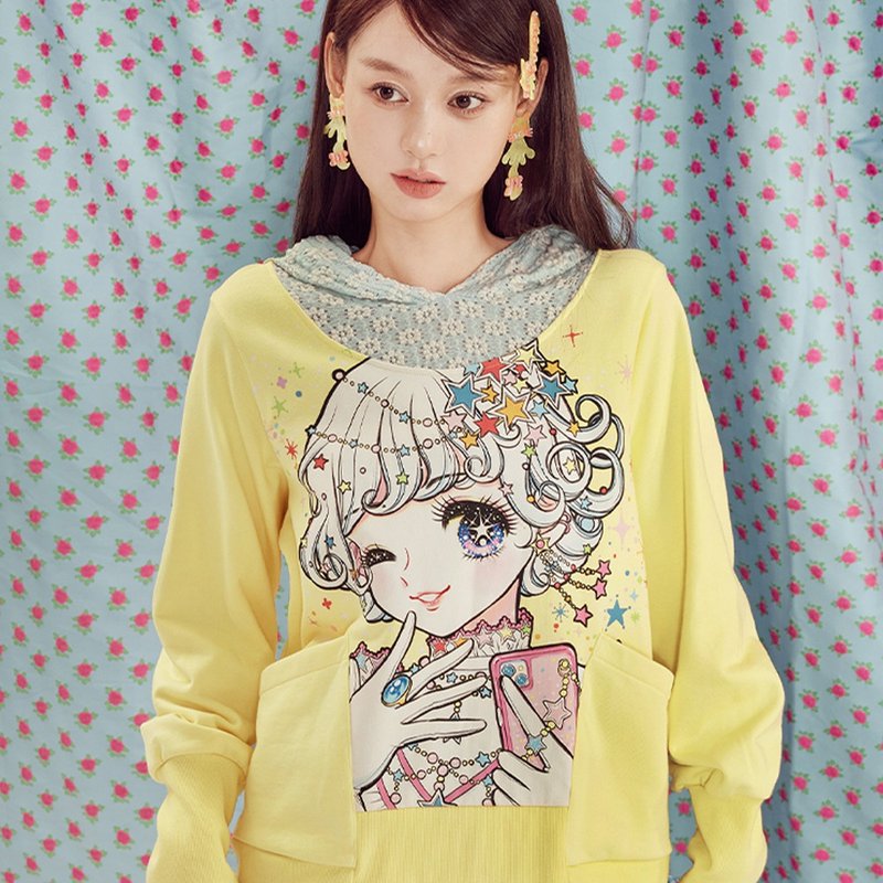 Comic girl lace hooded sweatshirt thickened cotton - เสื้อผู้หญิง - วัสดุอื่นๆ หลากหลายสี