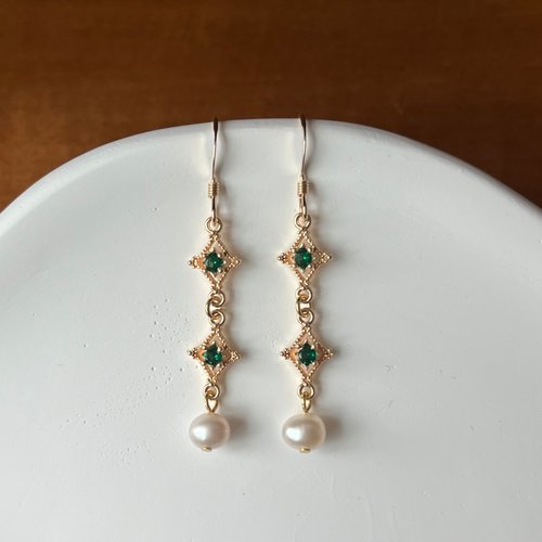 KAREN JEWELRY 14K包金 綠十字星芒天然橢圓珍珠耳環 耳夾 14KGF