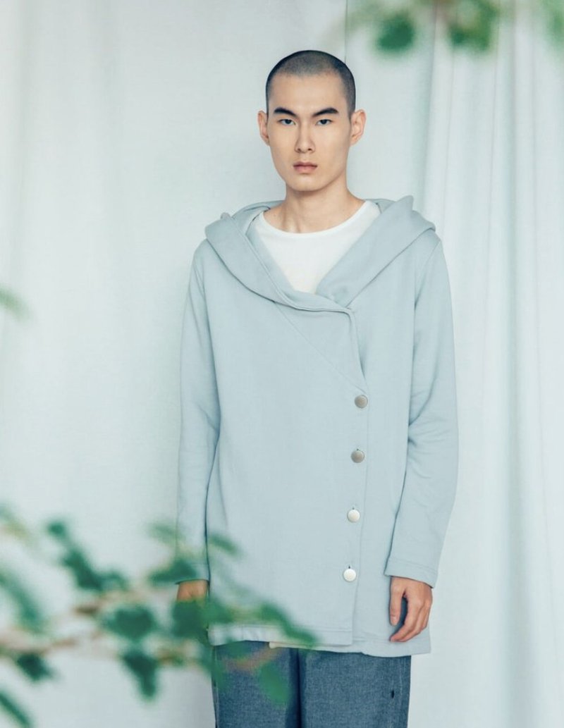 Single-breasted diagonal collar coat (black/grey) Organic Cotton - เสื้อโค้ทผู้ชาย - ผ้าฝ้าย/ผ้าลินิน สีดำ