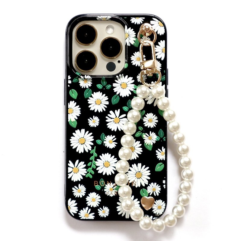 iPhone15/14/13/12 French Black Daisy Love Garden Pearl Chain Phone Case - Phone Cases - Plastic Black