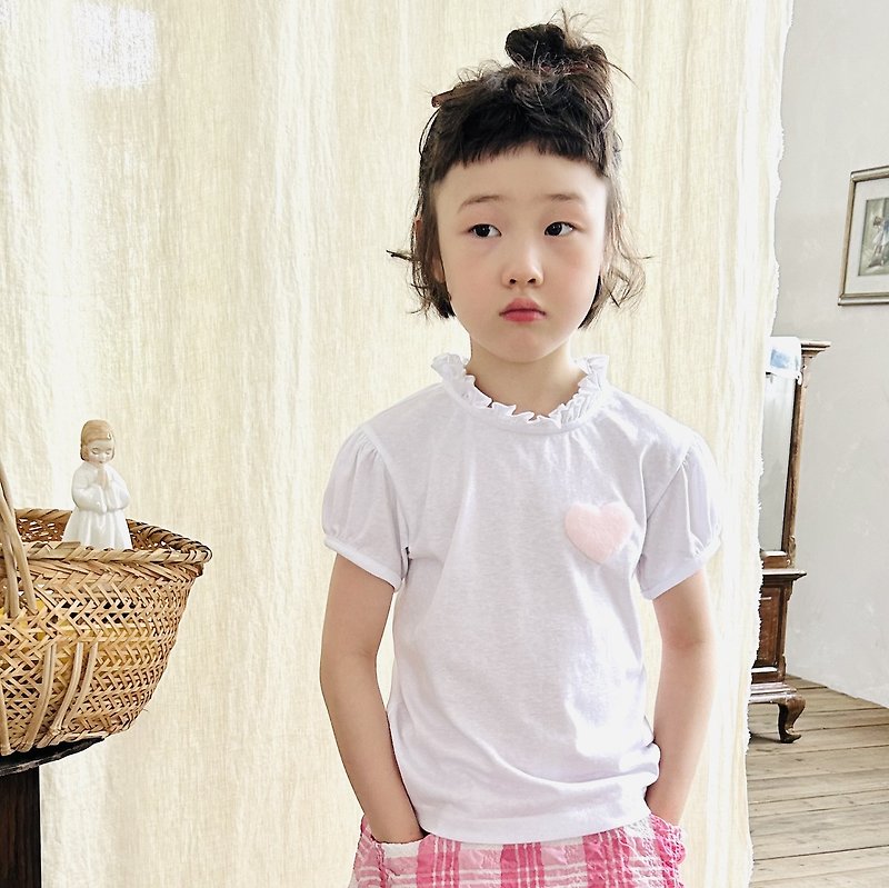 Maomao Love White Flower Collar Top/Princess Sleeve Puff Sleeve Children's Clothing - Tops & T-Shirts - Cotton & Hemp White