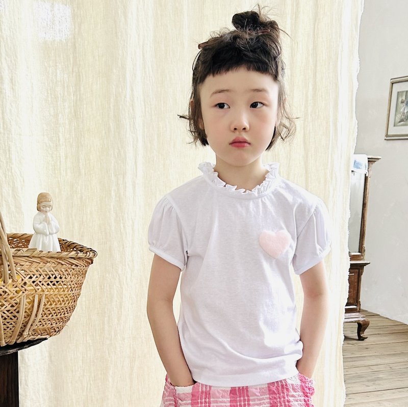 Maomao Love White Flower Collar Top/Princess Sleeve Puff Sleeve Children's Clothing - เสื้อยืด - ผ้าฝ้าย/ผ้าลินิน ขาว