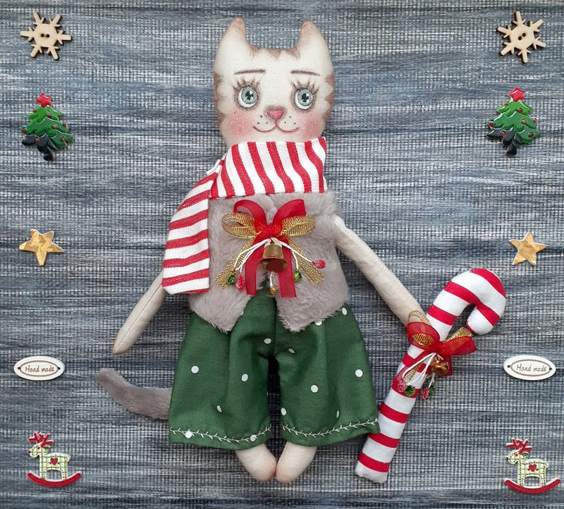 Christmas Fabric Cat soft kitty stuffed handmade doll cloth toy Home decorations - 玩偶/公仔 - 棉．麻 