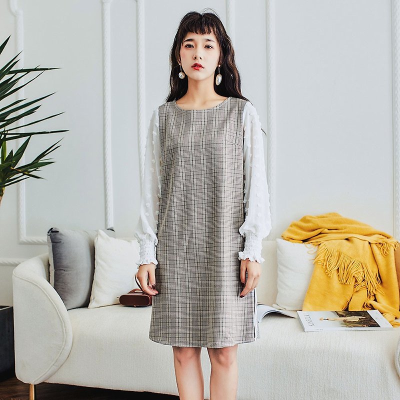 2018 autumn women's new literary plaid skirt hit color large hair ball sleeve dress dress - One Piece Dresses - Polyester Gray