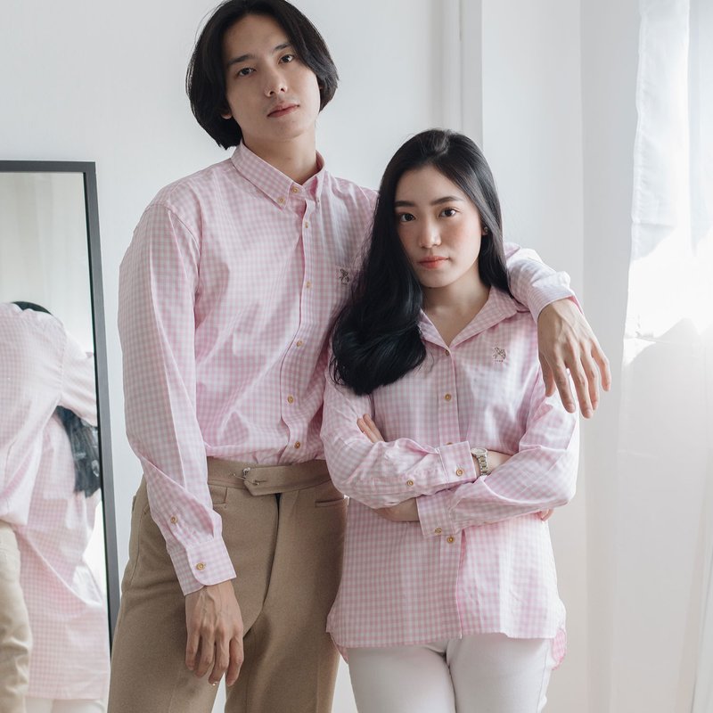 (SIZE S, M) SWALLOW // pink white check // men slim fit - Men's Shirts - Cotton & Hemp Pink