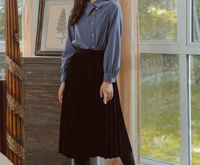 Blue brushed shirt velvet pleated skirt suit winter new arrival dress -  Shop annechen One Piece Dresses - Pinkoi