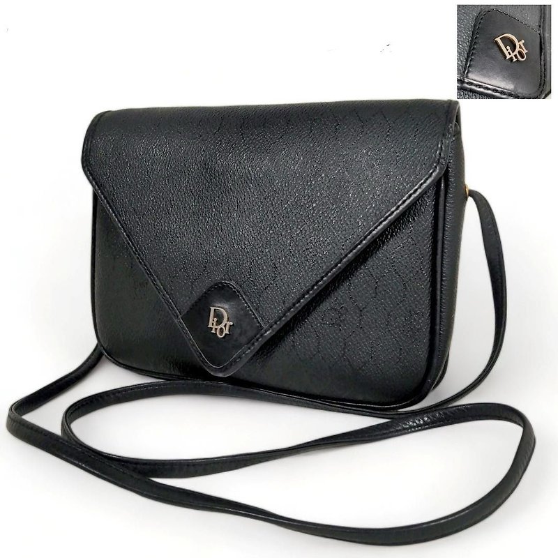 [LA LUNE] Second-hand Dior black gold honeycomb presbyopic envelope small bag single shoulder side crossbody handbag - Messenger Bags & Sling Bags - Genuine Leather Black