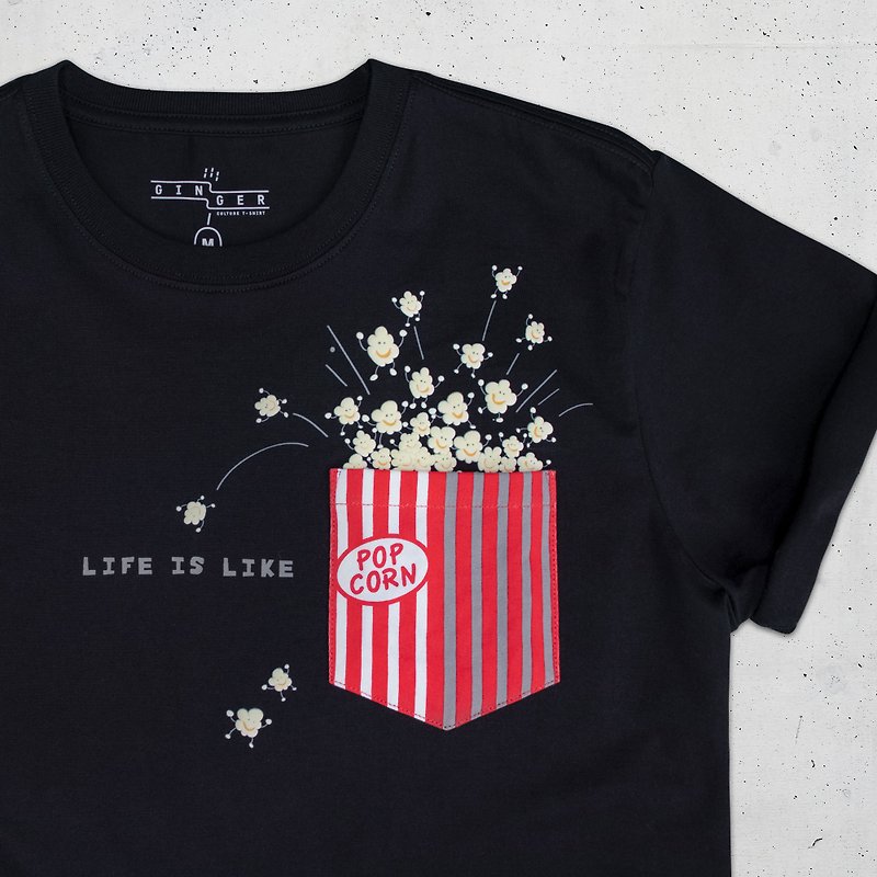 Life Is Like Popcorn T-Shirt - Black - เสื้อฮู้ด - ผ้าฝ้าย/ผ้าลินิน สีดำ