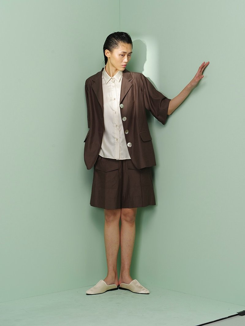 UUIN_咖啡色五分袖西裝外套 - 女西裝外套 - 棉．麻 咖啡色