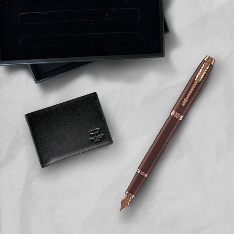 PARKER 派克 新IM金屬系列 酒棕紅 鋼筆  牛皮短夾禮盒  免費刻字 - 鋼筆 - 其他材質 紅色
