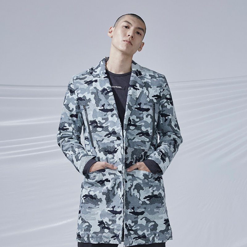 DYCTEAM - Camo Pattern Jacquard Parka Tannins Camouflage Camouflage Blazer - Women's Blazers & Trench Coats - Cotton & Hemp Blue
