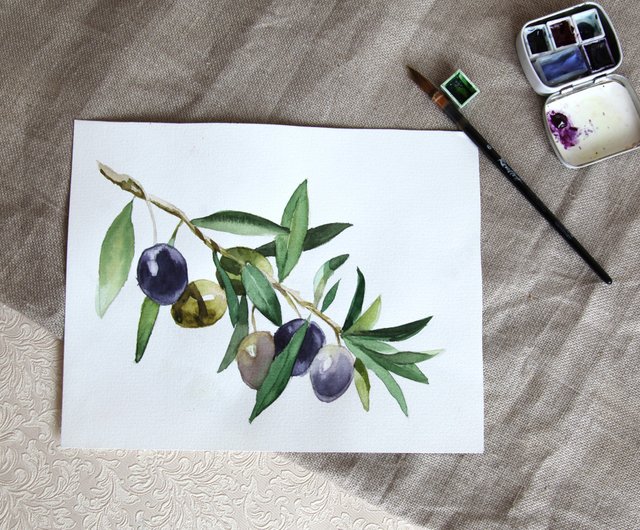 オリーブアートの枝の水彩画を食べるアートワーク植物の壁アート