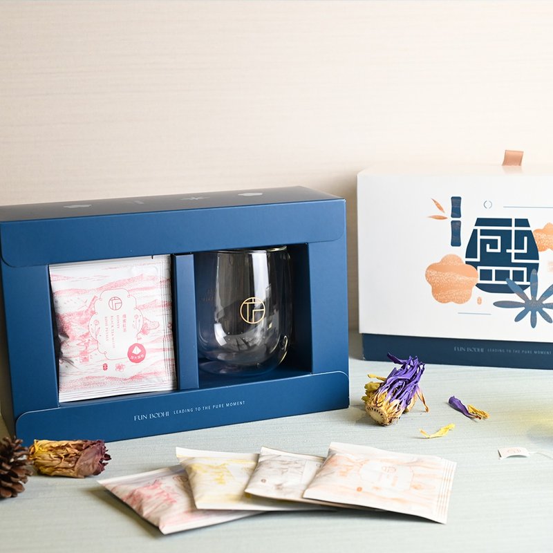 【盛】台灣瑰蜜紅茶茶包+雙層玻璃杯 精裝禮盒 - 茶葉/茶包/水果茶 - 紙 藍色