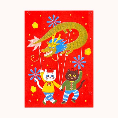咚東插畫合作社 黑白貓舞龍/孔版印刷明信片/ハガキ