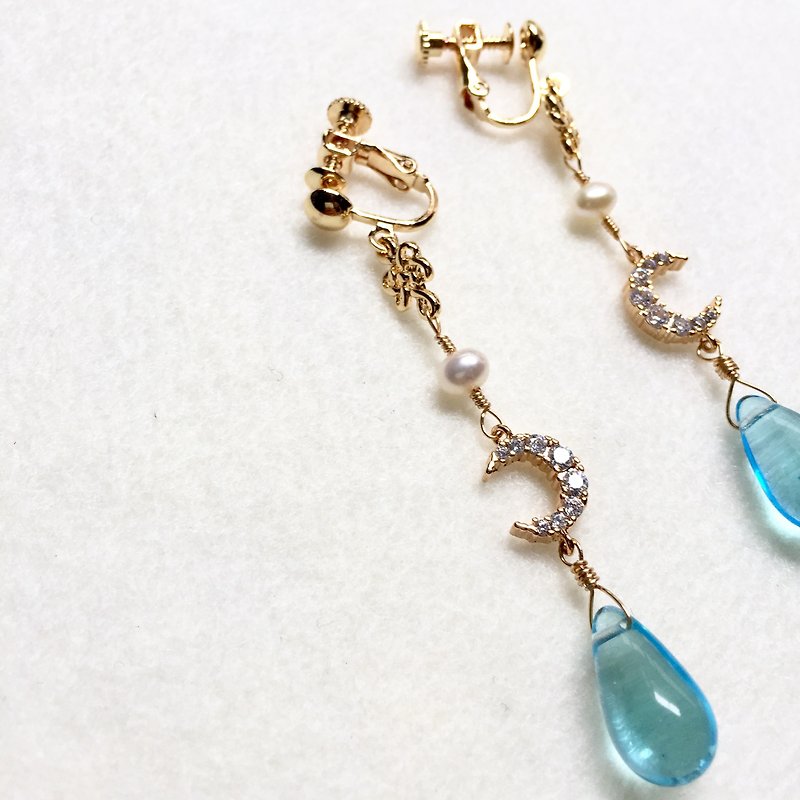 Customized 14KGF 14K Gold Pearl Star Moon Earrings - Earrings & Clip-ons - Crystal Blue