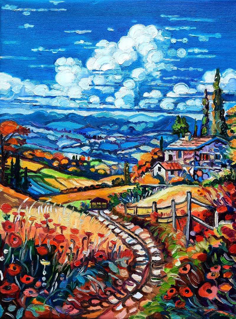 原創畫Italy  Art Landscape  Painting City  Original Art  Oil On Canvas - ตกแต่งผนัง - วัสดุอื่นๆ สีน้ำเงิน