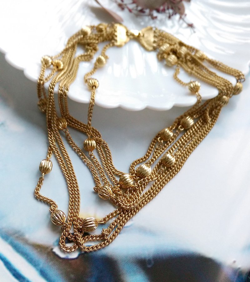 MONET gold multi-chain gold ball necklace necklace. Western antique jewelry - สร้อยคอ - โลหะ สีทอง