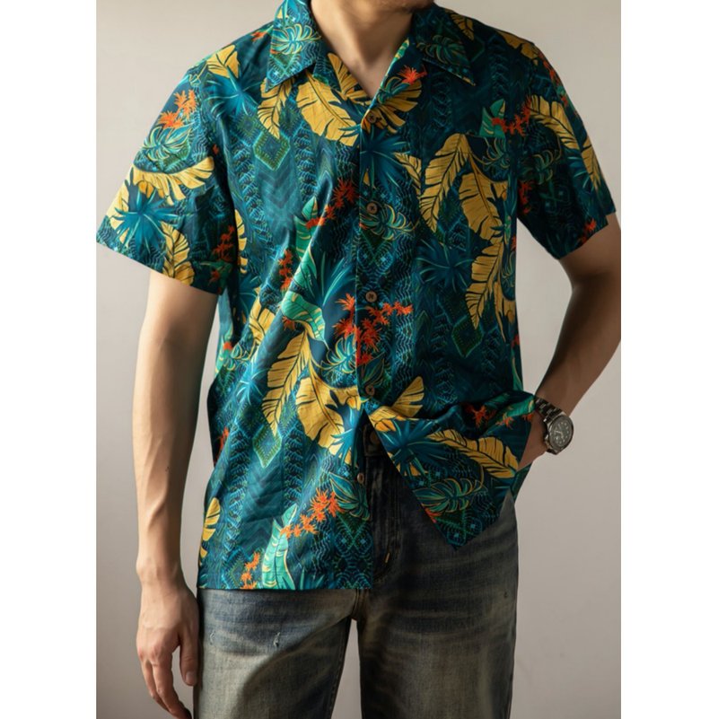 夏威夷襯衫 海島印花 短袖襯衫 休閒 度假 戶外 Aloha Shirt - 男襯衫/休閒襯衫 - 棉．麻 綠色