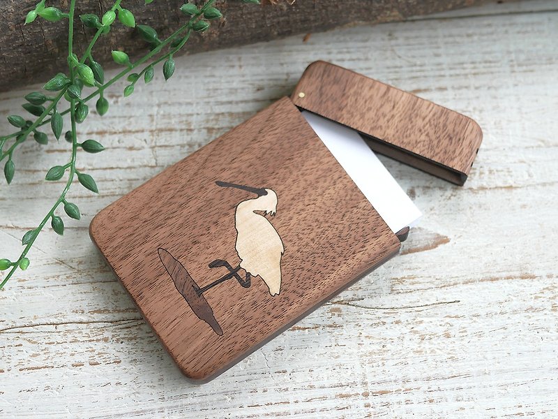 Wooden business card holder / walnut / Black-faced Spoonbill - Card Holders & Cases - Wood Brown