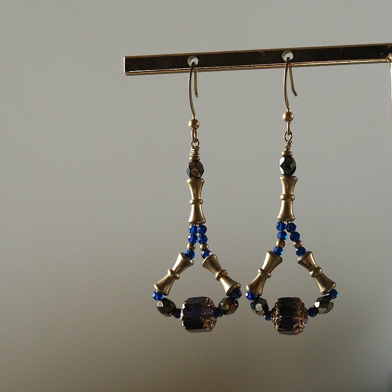 藍石古董珠 水滴黃銅耳環 - 耳環/耳夾 - 其他金屬 藍色