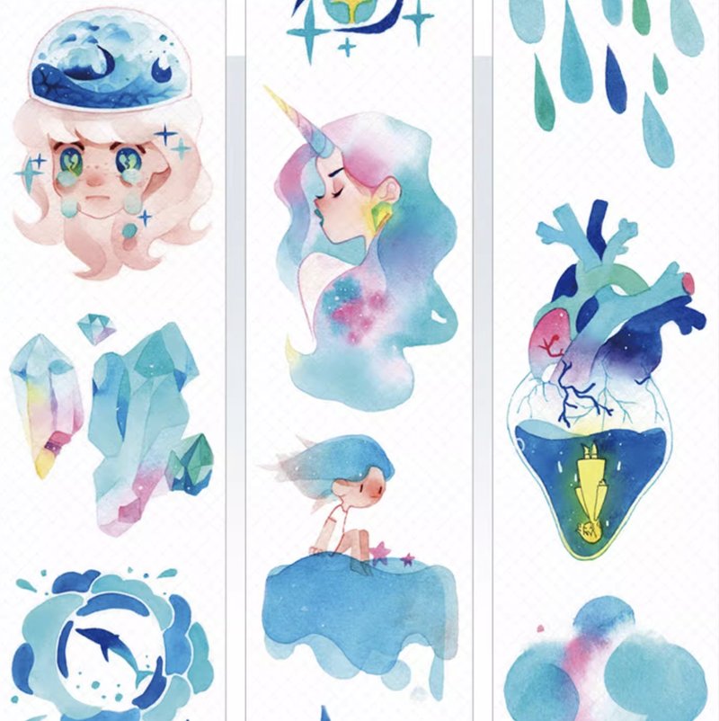 Blue Heart Watercolor Painting Manuscript Washi Tape 10m Roll Made in Taiwan - มาสกิ้งเทป - วัสดุอื่นๆ สีน้ำเงิน