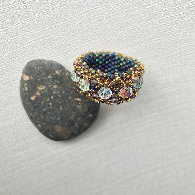R-001 starry starry night amethyst bead with Swarovski crystal - แหวนทั่วไป - คริสตัล สีน้ำเงิน