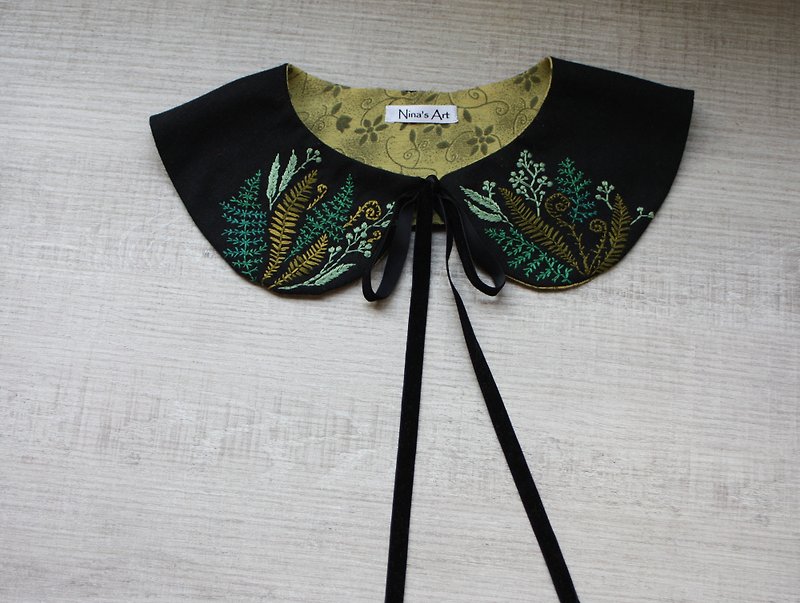 fern embroidery collar, Halloween accessory, black collar, fake collar bib, - 絲巾 - 棉．麻 黑色