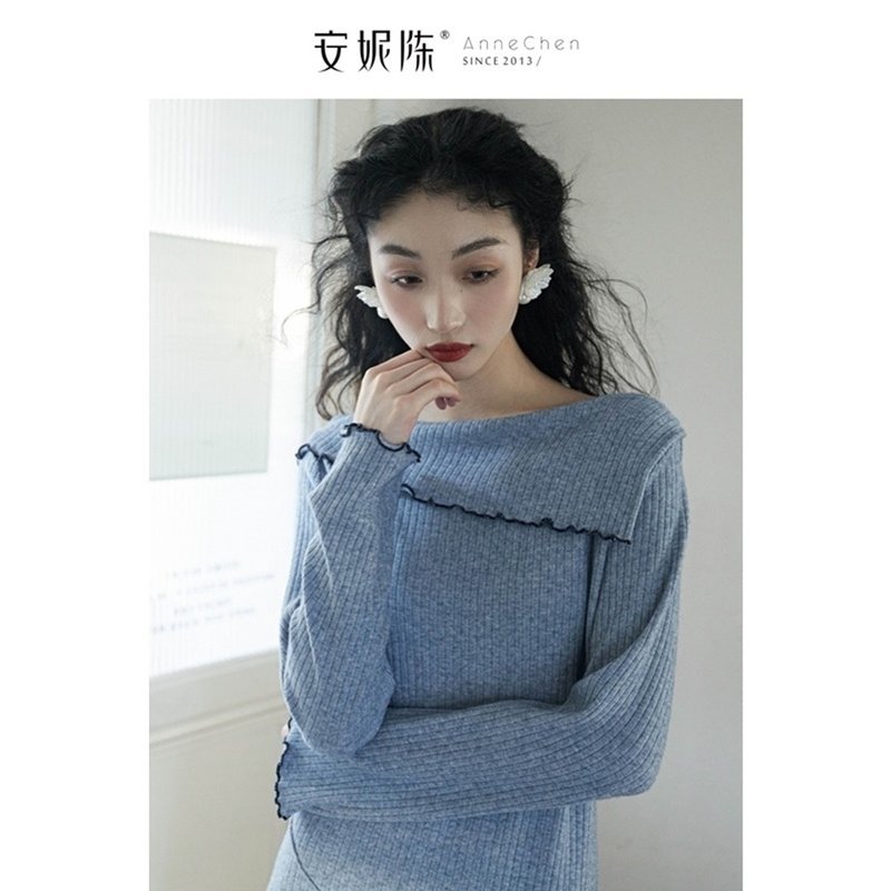 安妮陳【藍莓果醬】豎條紋針織洋裝連衣裙連身裙 收腰顯瘦氣質內 - 洋裝/連身裙 - 其他材質 藍色