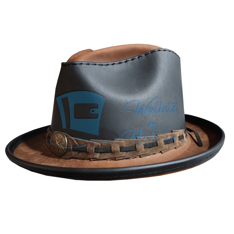 費多拉爵士皮革帽 – 手工西部風格，點綴星形飾扣 - 帽子 - 真皮 咖啡色