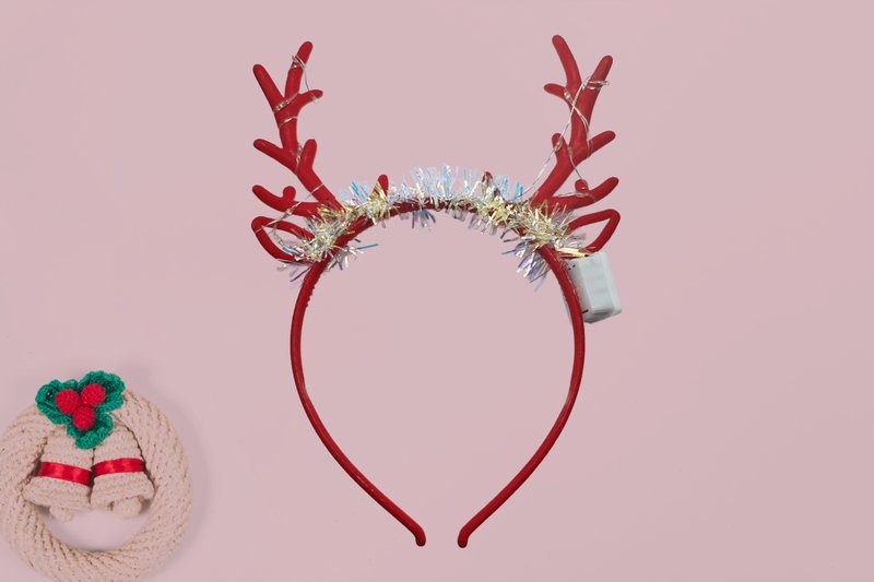 Festive Red Velvet Antler Headband with foil fringe and Lights. - 髮夾/髮圈 - 塑膠 紅色