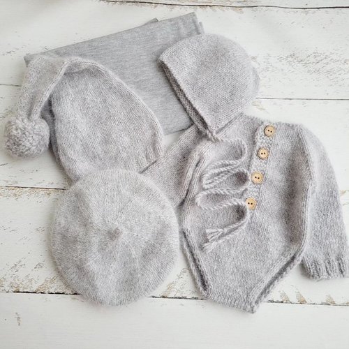 KrisboNewbornProps Light Grey fluffy bonnet, romper, wrap. Newborn photo props.