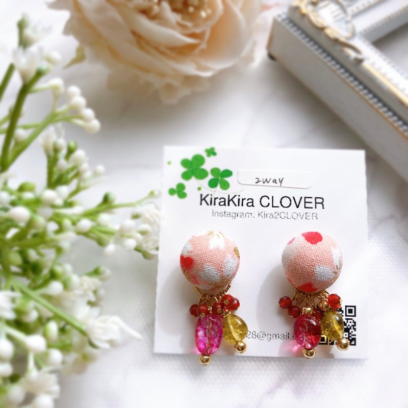 Sakura 2way spring earrings natural stone crystal Japanese style free shipping - ต่างหู - โลหะ สึชมพู