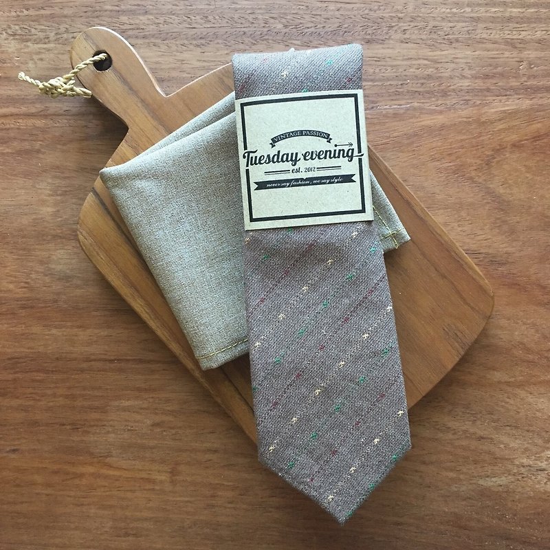 Brown Stripe Tie Set with pocket square - Ties & Tie Clips - Cotton & Hemp Brown