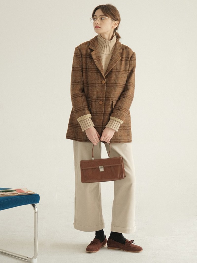 ECRU SOLI plain white yellow brown plaid loose medium length suit coat - เสื้อสูท/เสื้อคลุมยาว - วัสดุอื่นๆ สีนำ้ตาล