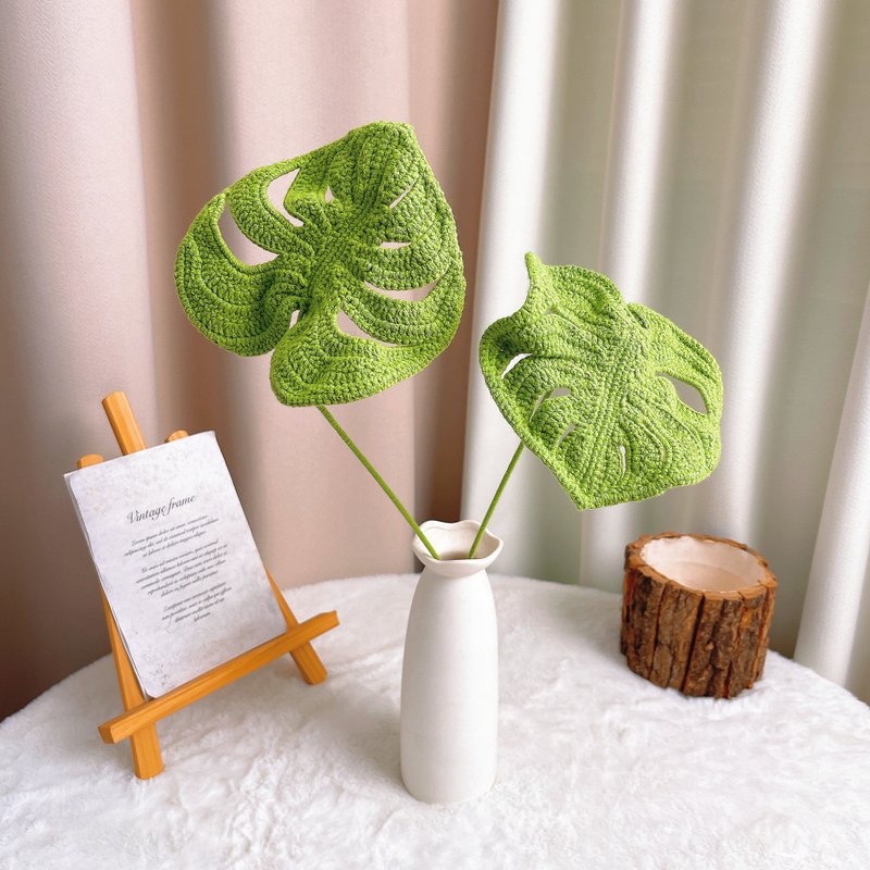 手作鉤織富貴竹龜背芋紋理竹節花束 - 乾燥花/永生花 - 棉．麻 