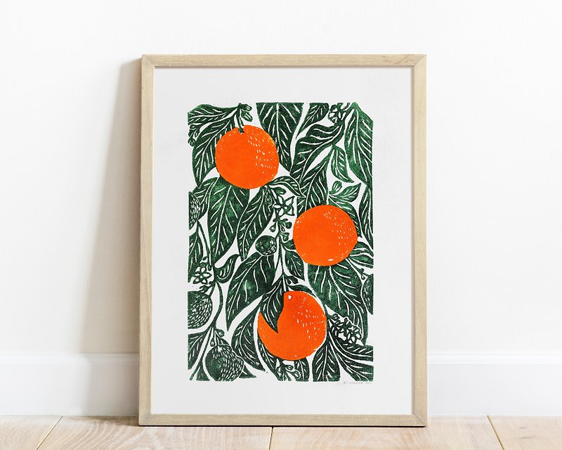 Oranges linocut print Original artwork Botanical modern kitchen wall art decor - Posters - Paper Green